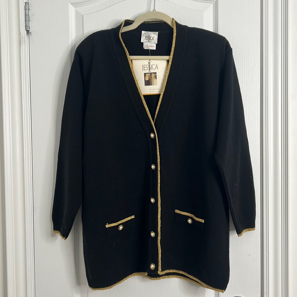 NWT VINTAGE Jessica black with metallic gold trim acrylic cardigan sweater SZ 20